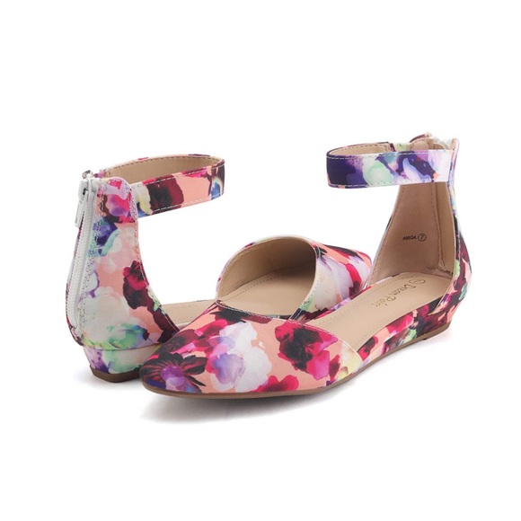 Floral Low Wedge Ankle Flats - Picture 3 of 6